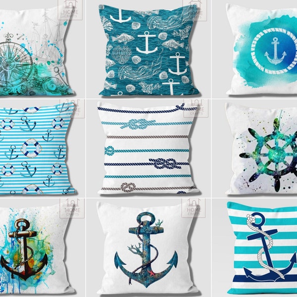 Cyan Color Throw Cushion Covers, Beach Toss Pillow, Anchor Pillow Cases, Yacht Pillow, Coast Pillows, Nautical Bedding Decor, Marine Cushion