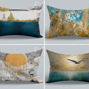 Abstract Lumbar Pillow Cover, Modern Art Rectangle Pillowcase, Sea and Seagull Pattern Pillow Sham, Abstract Sun Design Cushion Case