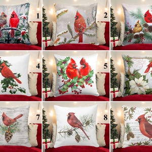 Pine Cone & Cardinal Print Pillow Covers, Redbird Cushion Cover, Noel Pillow Cases, Pine Tree Pillow Shams, Winter Pillows, Christmas Decor
