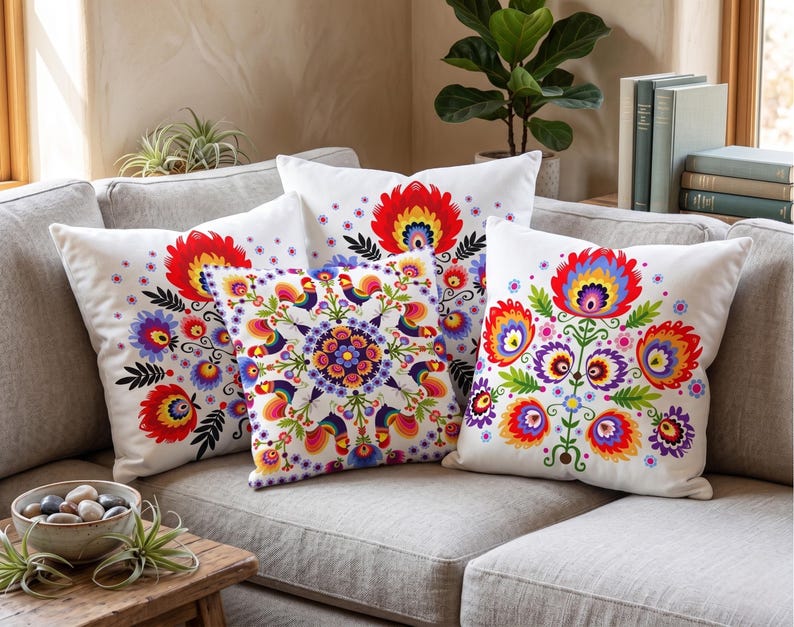 Polish Folk Art Pillow Cover, Wycinanki Flower Cushion, Colorful Ethnic Case image 2
