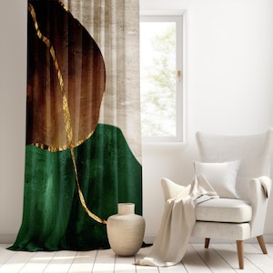 Abstract Fashion Art Curtain, Geometric Modern Valance, Gold Detailed Drape, Brown Green Luxury Curtain Panel, Emerald Green Curtain