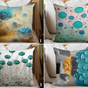 Abstract Art Pillow Covers, Turquoise Gold Decorative Pillowcase, Teal Watercolor Flowers Pillow Protector, Contemporary Pillow Slipcovers