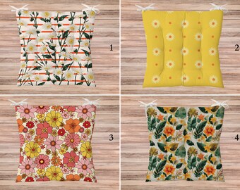 Yellow Floral Puffy Seat Cushions, Farmhouse Outdoor Chair Cushion, Country Flower Chair Pads, Cottage Bench Cushion Cover, Chic Seat Pads