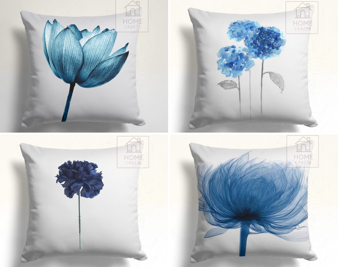 Blue Flower Pillow Case, Floral Design Pillow Cover, Floral Throw Bedding Pillow Topper, Blue