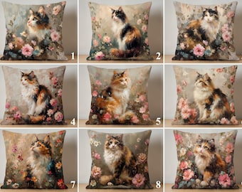 Cat Pillow Cover with Pink Flowers, Longhair Kitten Decor Cushion Case