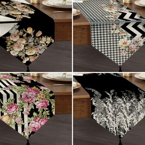 Black Floral Table Runner, Triangle Dining Runner, Deluxe Table Runner, Black Triangle Runner, Runner with Tassel, Floral Tasseled Runner