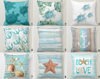 Sea Turtle Pillow Cover, Nautical Outdoor Pillows, Decorative Pillows, Ocean Life Pillow, Starfish Cushion, Beach House Gift, Coastal Decor