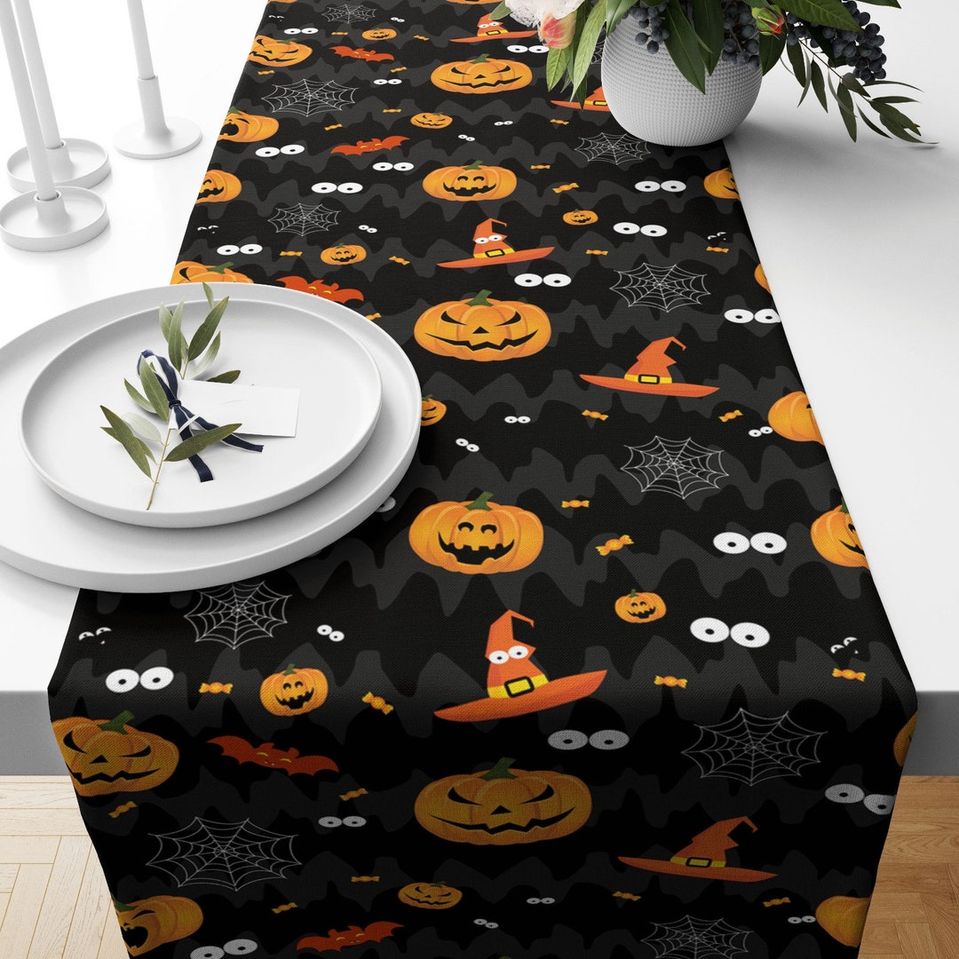 Ghost Pumpkin Table Runner, Halloween Runner, Black Orange Table Cloth ...