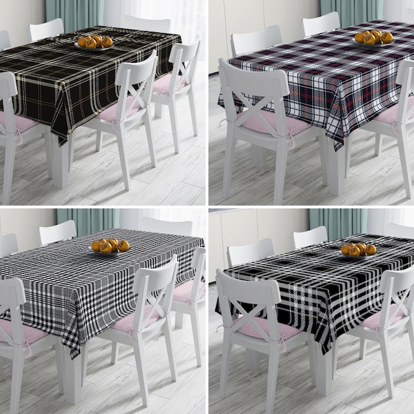 Black White Tartan Table Sheet, Soft Xmas Style Tablecloth, Holiday Plaid Table Covers, Luxury Rectangular Tableware, Home Present