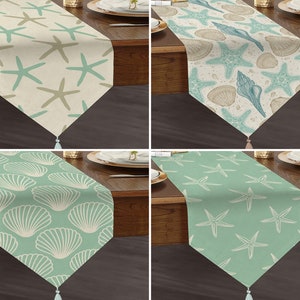 Starfish Design Table Sheet, Marine Style Triangle Runner, Sea Shell Dining Tasseled Runner, Nautical Triangle Runner, Lux Beach House Decor