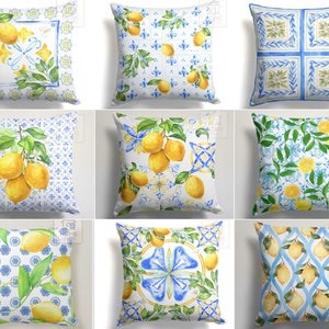 Blue Yellow Lemon Pillow Cover, Citrus Outdoor Pillow Top, Citric Patio Throw Pillow Case, Garden Pillow Sham, Gift for Mum, Cafe Decoration