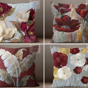 Flower Sofa Pillow Cases, Decorative Fashionable Cushion Case, Burgundy Floral Couch Decor Cover, Premium Quality Pillow, Modern Home Deco