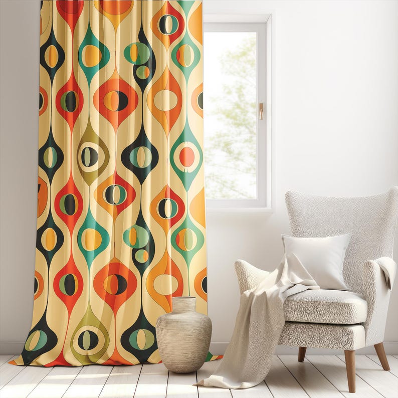 Mid Century Modern Retro Curtains - Colorful Geometric Abstract Drapes - Vintage Style Window Valance image 3