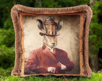 Rabbit With Hat Velvet Throw Pillow Cover, Velvet Decorative Pillow Cover With Tassels 18x18&quot;, Luxury Home Decor 45x45 cm, Pillow For Couch