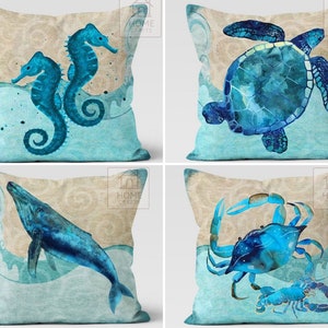 Nautical Patio Pillow Cover, Sea Turtle Marine Throw Pillow, Teal Cream Color Pillow, Decorative Cushion, Crab&Lobster Pillow, Coastal Decor