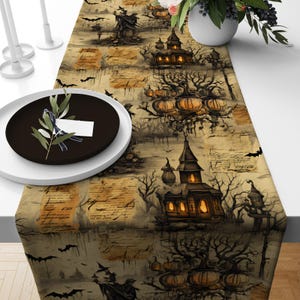 Halloween Table Runner, Ghost Pumpkin Runner, Haunted House Table Cloth, Witch Hat Table Top, Spook Table Cover, Gothic Gift, Halloween Deco