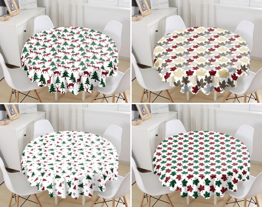 Christmas Pine Tree Round Table Cloth, Check Xmas Leaves Circle Table