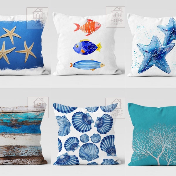 Sea Decor Pillow Cases, Fish Printing Pillows, Decorative Pillow, Ocean Pillow Cover, Navy Cushion Cover, Coast House Gift, Beach Decoration