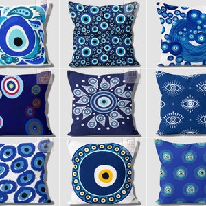 Evil Eye Pillowcase, Nazar Bead Cushion Cover, Turkish Greek Blue Evil Eye Pillow Top, Good Luck Decor, Boho Pillow Cover, Modern Home Decor