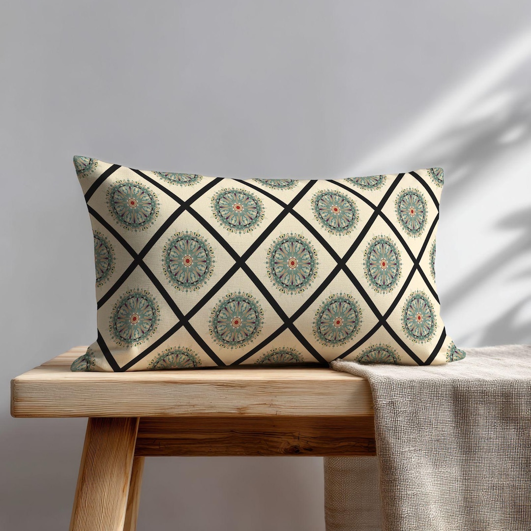 Medallion Grid Pattern Geometric Medallion Lumbar Cover, Artistic Diamond Grid Pattern, Home ...