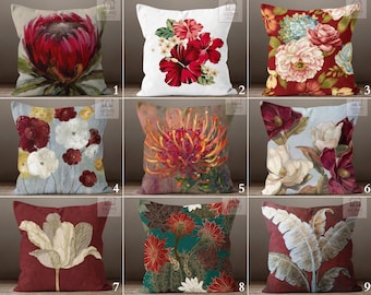 Kussensloop met rode en bordeauxrode bloemen, sierkussen met bloemen, kussensloop met bloemen, decoratief kussen, bloemen buitenkussens, kussenslopen met bloemen