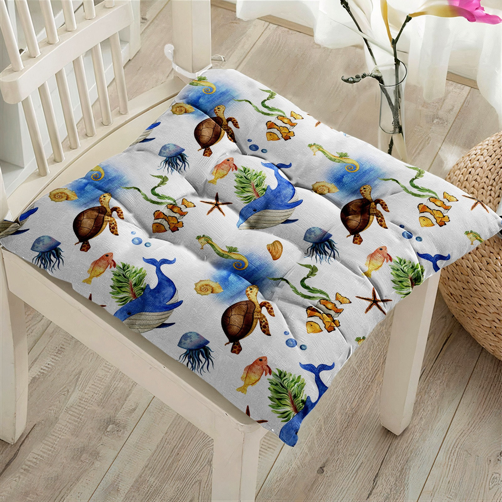 Nautical Beach Chair Pad With Ties, Indoor & Outdoor Tropical Seat