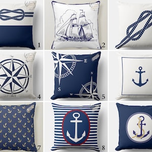 Navy Blue Throw Cushion, Beach Cushion Cover, Anchor Cushion Case, Yacht Pillow, Compass Pillow Case, Nautical Bedding Decor, Marine Cushion