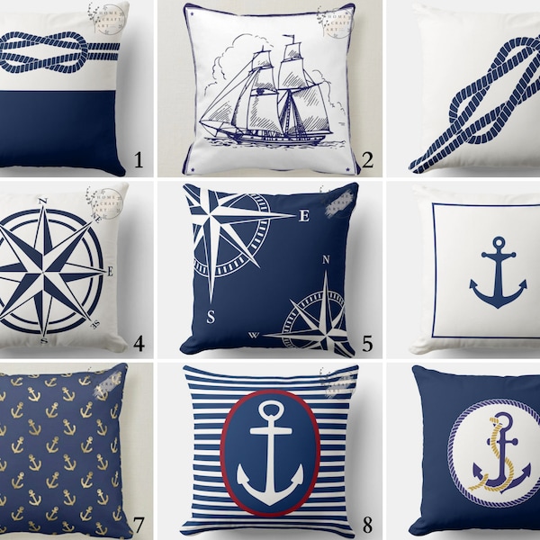 Marineblauw werpkussen, strandkussenhoes, ankerkussenhoes, jachtkussen, kompaskussensloop, nautisch beddengoeddecor, maritiem kussen