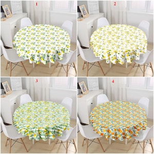 Lemon Round Tablecloth, Citrus Table Cloth, Yellow Green Table Linen, Lemon Printed Table Cover, Leaves Table Decor, Kitchen Decor Ideas