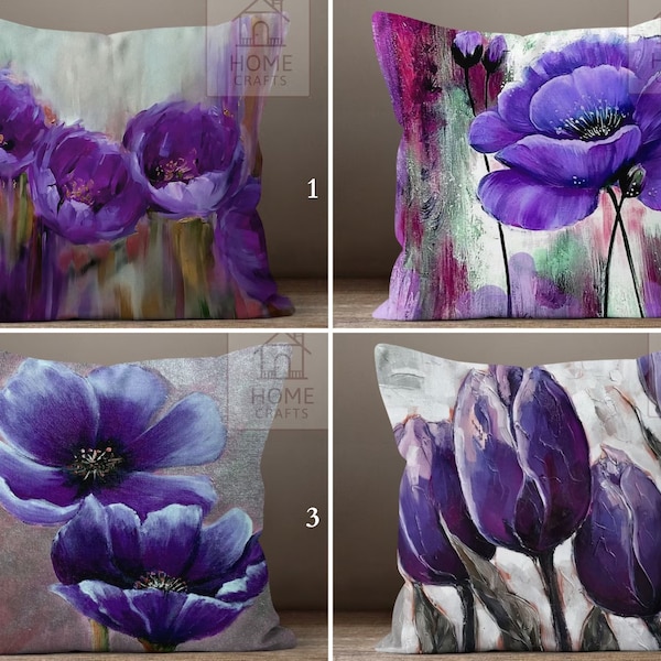 Decorative Pillow Covers, Purple & Grey Cushion Covers, Floral Pattern Pillow Sham, Flower Throw Pillow Cover, Violet Floral Pillow Sham