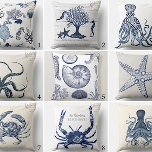 Nautical Scatter Pillow Cover, Starfish Pillowcases, Octopus Throw Pillow, Blue White Marine Pillow Top, Sea Shell Cushion, Beach House Gift