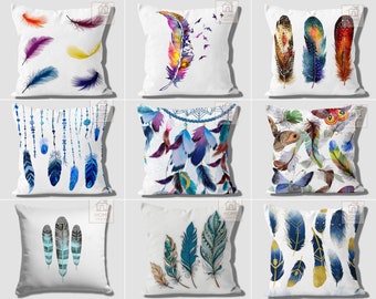 Colorful Feather Pillow Case, Feather Accent Cushion Cover, Feather Decorative Pillow Topper, Multicolor Feather Pillow Sham, Elegant Pillow