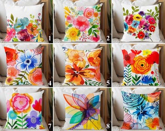 Taies d'oreiller florales colorées d'aquarelle, taies de coussin de jardin de fleurs abstraites