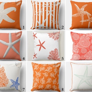 Nautical Pillow Covers, Starfish Throw Pillow Sham, Orange Navy Cushion, Seaweed Printed Pillow Cases, Coral Outdoor Pillow, Coastal Pillows