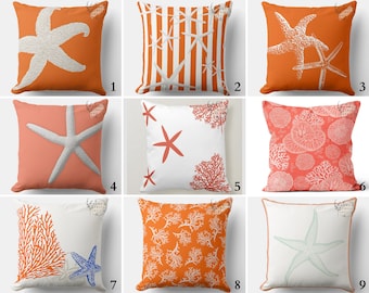 Nautical Pillow Covers, Starfish Throw Pillow Sham, Orange Navy Cushion, Seaweed Printed Pillow Cases, Coral Outdoor Pillow, Coastal Pillows