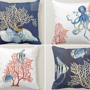 Fish and Coral Pillow Covers, Octopus Throw Pillow, Dark Blue Navy Cushion, Seaweed Printed Pillow Case, Decorative Pillow, Coastal Pillow