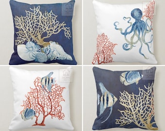 Fish and Coral Pillow Covers, Octopus Throw Pillow, Dark Blue Navy Cushion, Seaweed Printed Pillow Case, Decorative Pillow, Coastal Pillow