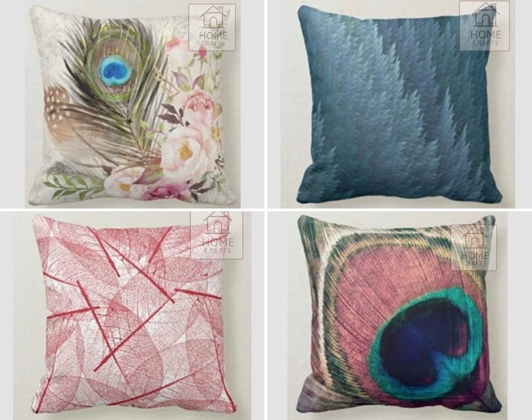 Peacock Feather Pillow Case, Jungle Pattern Pillow Cover, Peacock Pillow Sham, Dry Leaves Design