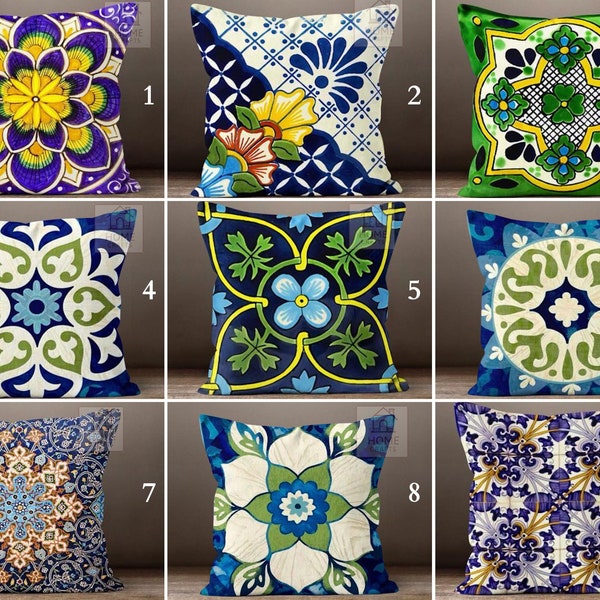 Talavera Tile Pillow Cover, Traditional Motif Pillowcase, Mandala Style Pillow Protector, Boho Chic Pillow Top, Cozy Bohemian Cushion Cases