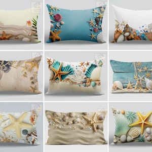 Nautical Pillow Cover, Sea Shell Lumbar Pillow Sham, Starfish Pattern Cushion Case, Coastal Decor, Beach House Pillowcase, Housewarming Gift
