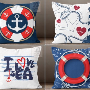 Anchor Cushion Case, Lighthouse Pillow Cover, Sea Theme Pillow, Nautical Cushion Cover, Ocean Pillow Case, Beach House Pillow, Coastal Decor