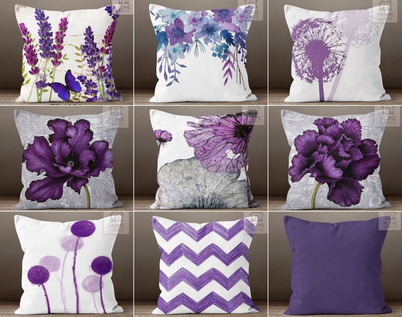 HANDMADE Extra Long Lumbar Pillow Cover White Purple Throw Floral Bird  Shams