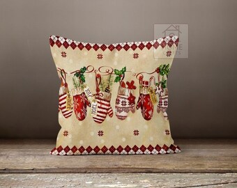 Set Of 4 Christmas Throw Pillow Covers - 20x20 Inch, Red Stripes With Holly & Berries Design