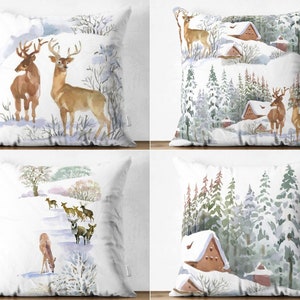 Deer in Snowy Landscape Pillow Cases, Christmas Reindeer Cushion Case, Village House Throw Pillow Cover, Winter Pillow Top, Yule Party Decor