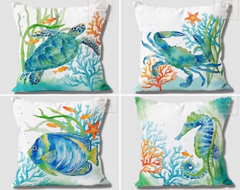 Sea Life Pillow Cover, Seahorse Throw Pillow Case, Starfish Outdoor Cushion, Beach Pillows, Ocean Pillow, Sea Life Cushion 16x16,18x18,20x20