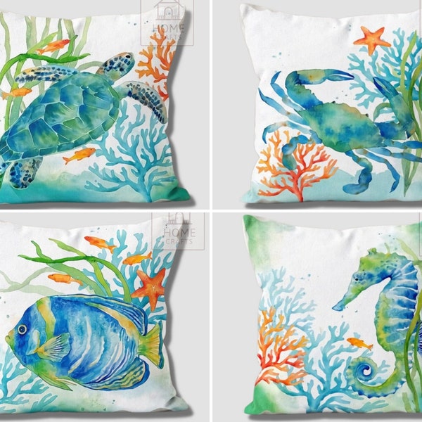 Sea Life Pillow Cover, Seahorse Throw Pillow Case, Starfish Outdoor Cushion, Beach Pillows, Ocean Pillow, Sea Life Cushion 16x16,18x18,20x20