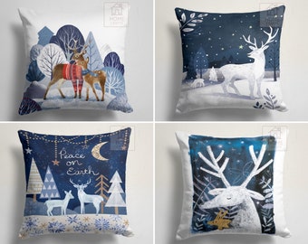 Reindeer Pillow Case, Blue Christmas Pillow Cover, Winter Throw Pillow Top, Peace on Earth Print Cushion Case, New Year's Pillow, Xmas Decor