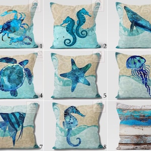 Nautical Pillow Cover, Beach House Cushion Cover, Fish Crab Seahorse Dolphin Turtle Starfish Jellyfish Print Pillow, Ocean Pillow Cases