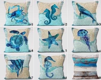 Nautical Pillow Cover, Beach House Cushion Cover, Fish Crab Seahorse Dolphin Turtle Starfish Jellyfish Print Pillow, Ocean Pillow Cases