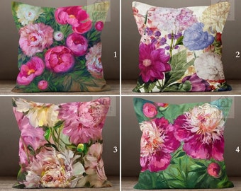 Pink Floral Premium Pillow Covers, Decorative Pillow Cases, Peonies Cushion Cover, Flower Print Outdoor Pillows, Chic Pillow Sham, Home Gift